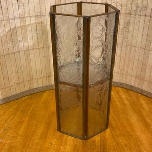 Antique hexagon candle holder with engraved glass panels